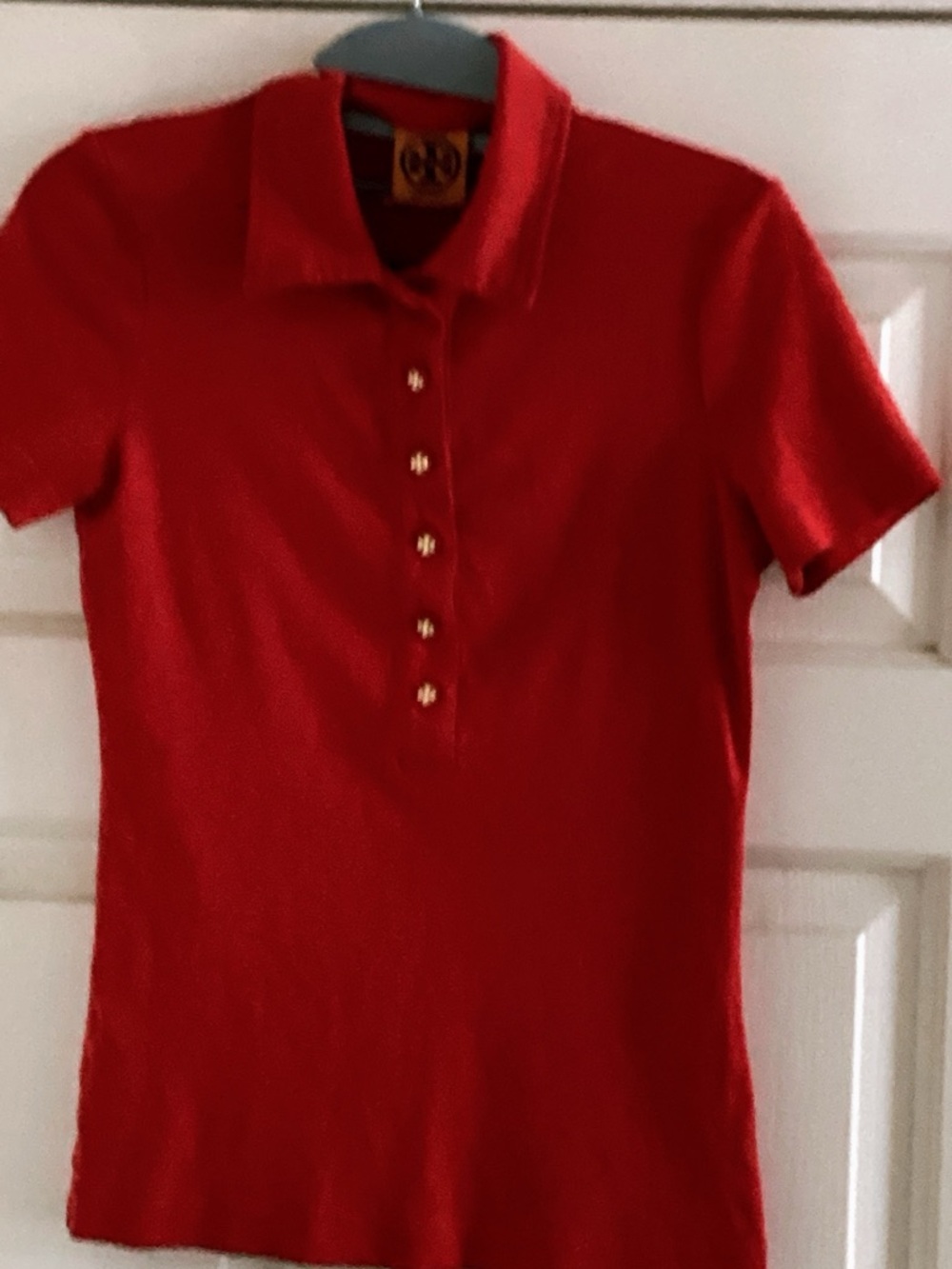 Tory Burch Red Polo Short Sleeve Gold Logo Buttons - Size Small